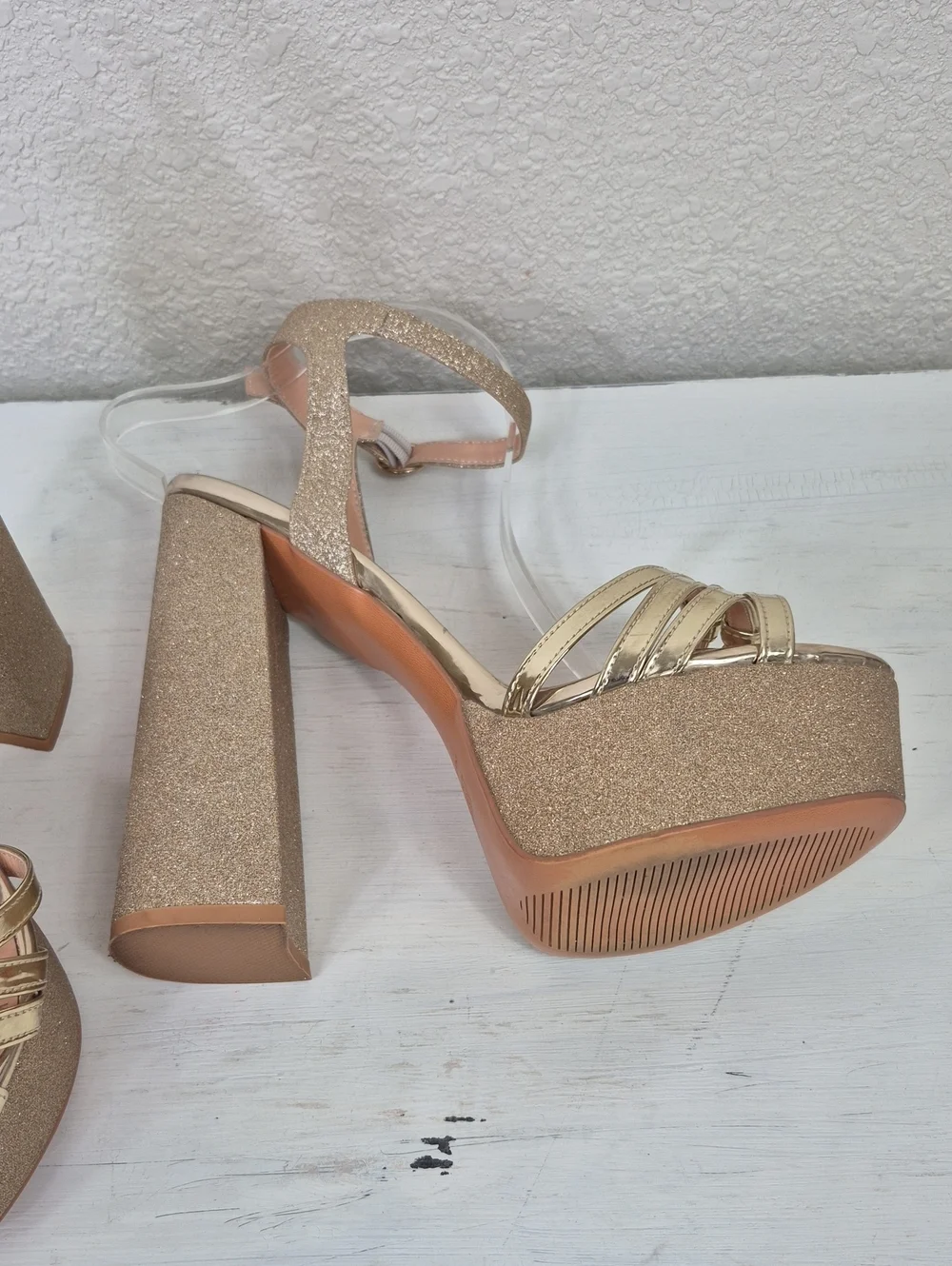 Gold Glitter Platform Block Heel Shoes Sandals Women's 10